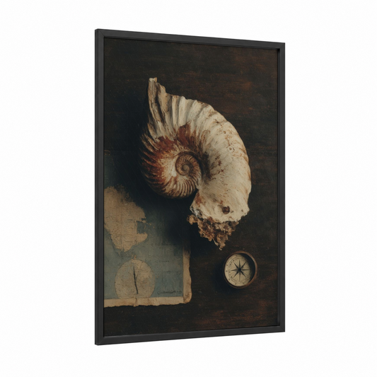 Vintage Nautilus framed art print — black wood frame — cream and espresso palette