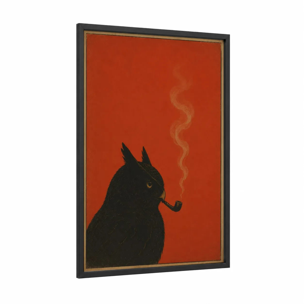 Owl Smoking Pipe Wall Art framed art print — black wood frame — red and black palette