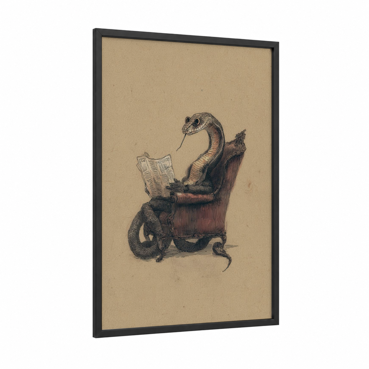 Reading Cobra framed art print — black wood frame — beige and black and white palette
