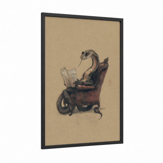 Reading Cobra framed art print — black wood frame — beige and black and white palette