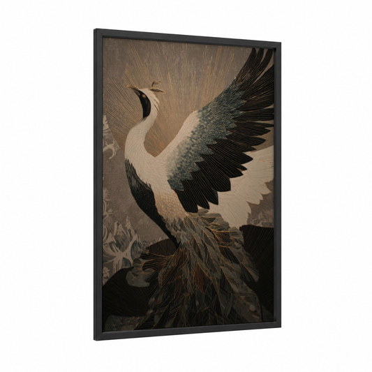 Elegant Phoenix Rising framed art print — black wood frame — cream and black palette