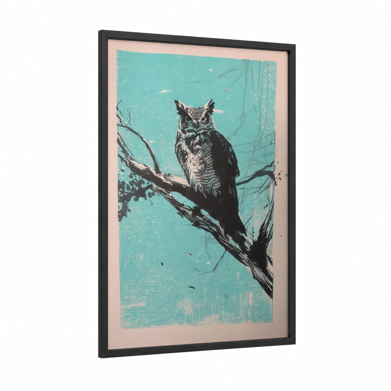 Turquoise Owl framed art print — black wood frame — teal and black and white palette