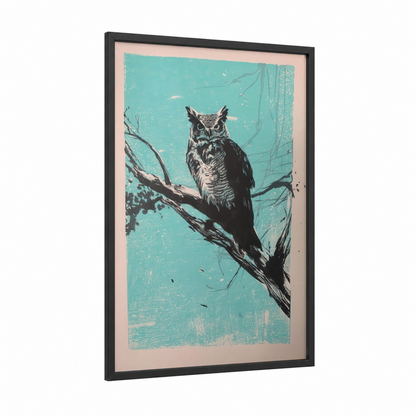 Turquoise Owl framed art print — black wood frame — teal and black and white palette