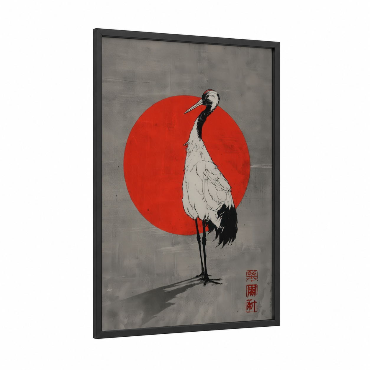 Red Circle Crane framed art print — black wood frame — red and gray and white palette