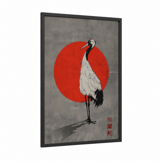 Red Circle Crane framed art print — black wood frame — red and gray and white palette