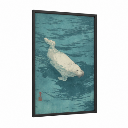 Arctic Walrus framed art print — black wood frame — teal and white palette