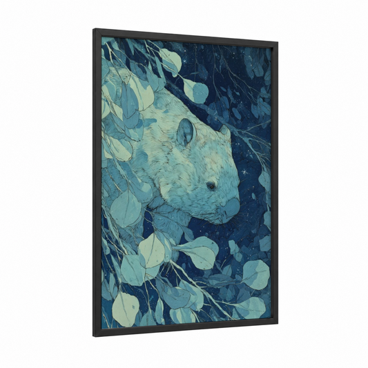 Moonlit Wombat framed art print — black wood frame — teal and cream palette
