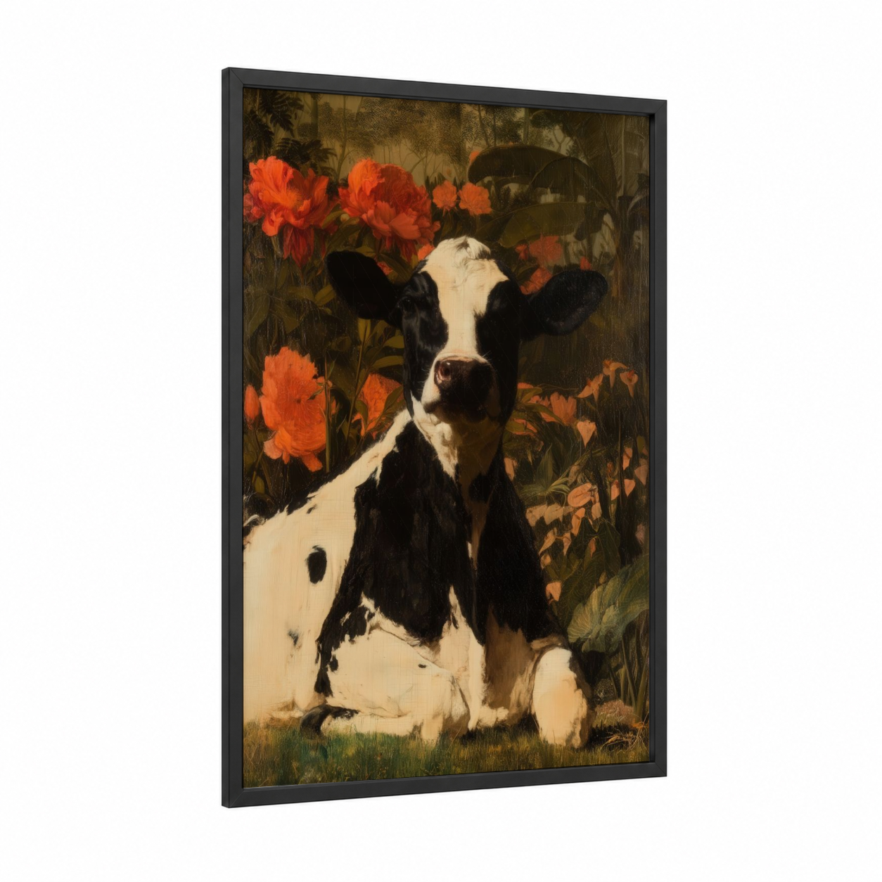Floral Jersey Cow framed art print — black wood frame — orange and black and white palette