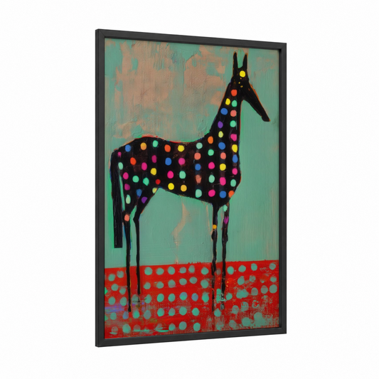 Colorful Thoroughbred framed thoroughbred horse print — black wood frame — teal and magenta palette