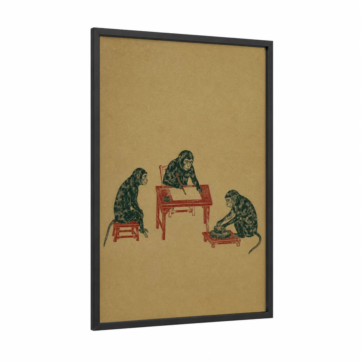 Vintage Monkeys Playing Music Wall Art framed art print — black wood frame — beige and red palette
