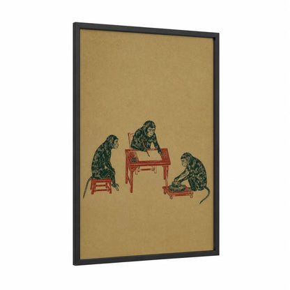 Vintage Monkeys Playing Music Wall Art framed art print — black wood frame — beige and red palette