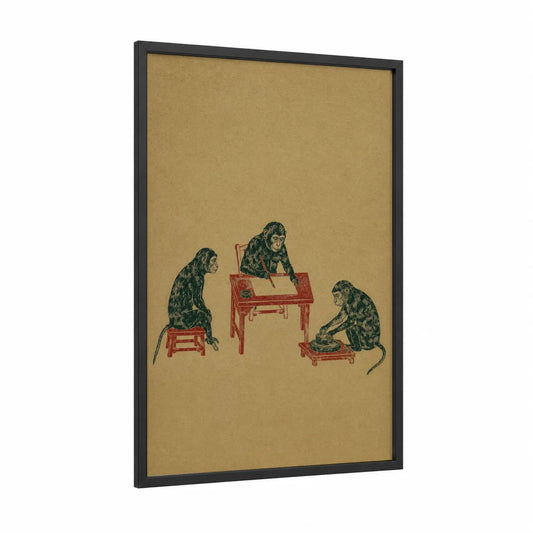 Vintage Monkeys Playing Music Wall Art framed art print — black wood frame — beige and red palette