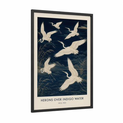 Japanese Herons Over Indigo Water Wall Art framed art print — black wood frame — blue and cream palette