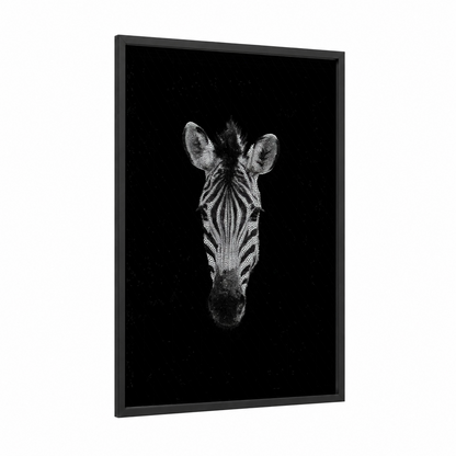 Monochrome Zebra framed art print — black wood frame — black and white palette