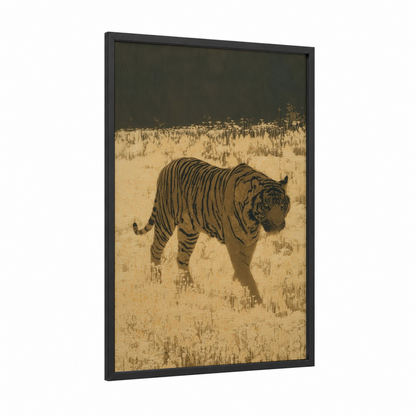 Savanna Tiger framed art print — black wood frame — gold and black palette