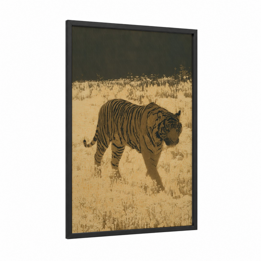Savanna Tiger framed art print — black wood frame — gold and black palette