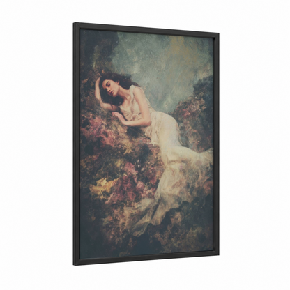 Dreaming Mermaid framed art print — black wood frame — cream and russet palette