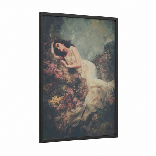 Dreaming Mermaid framed art print — black wood frame — cream and russet palette