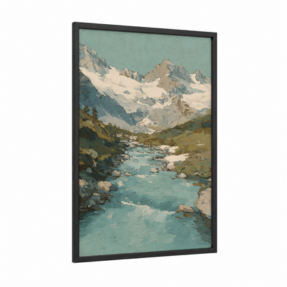 Alpine Mountain Stream framed rivers print — black wood frame — teal and cream palette