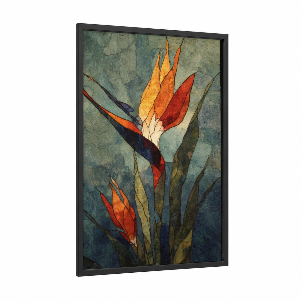 Tropical Paradise Blooms framed birds of paradise print — black wood frame — gold and teal palette