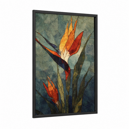 Tropical Paradise Blooms framed birds of paradise print — black wood frame — gold and teal palette