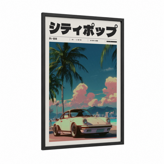 Retro Anime Roadster framed anime and manga print — black wood frame — blue and pink palette