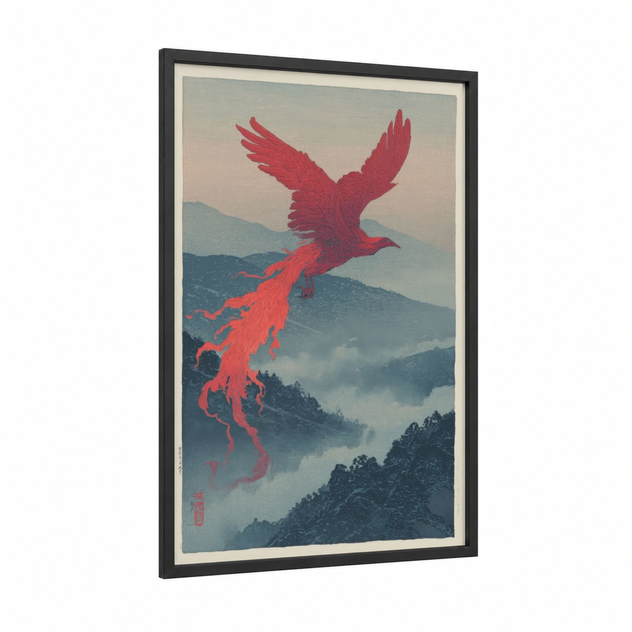 Crimson Phoenix Rising framed art print — black wood frame — red and blue palette