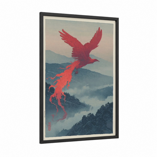 Crimson Phoenix Rising framed art print — black wood frame — red and blue palette