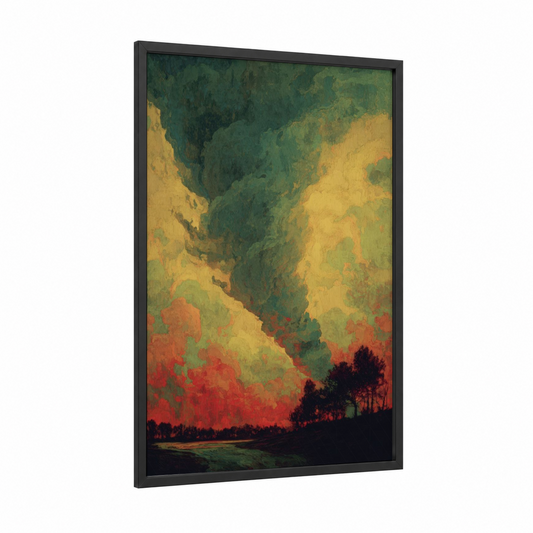 Stormy Tornado framed art print — black wood frame — dark green and yellow gold palette