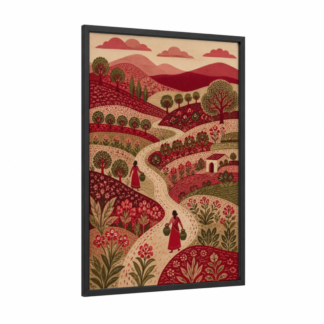 Rolling Flower Fields Village Wall Art framed art print — black wood frame — red and beige palette