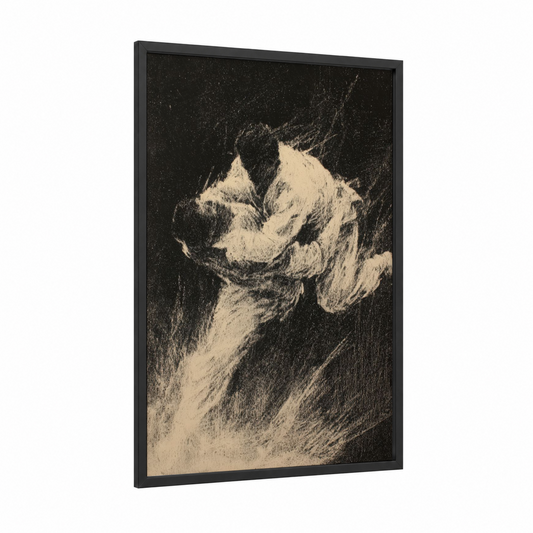 Dynamic Judo Throw framed art print — black wood frame — black and white palette