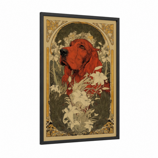 Crimson Setter Portrait framed art print — black wood frame — red and cream palette