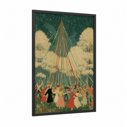 Maypole Celebration framed may day print — black wood frame — dark green and yellow gold palette