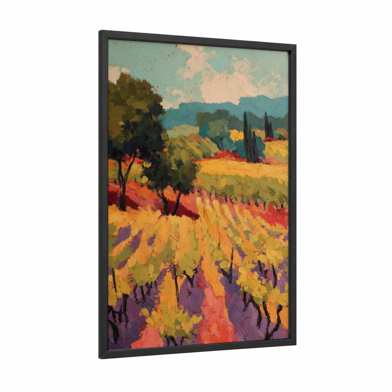 Tuscan Vineyard framed vineyards print — black wood frame — gold and purple palette