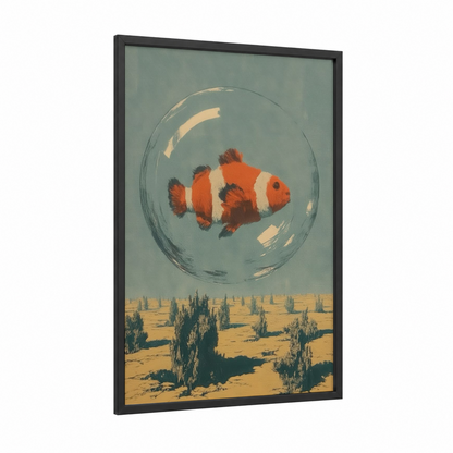 Desert Clownfish framed clown fish print — black wood frame — sage green and gold palette
