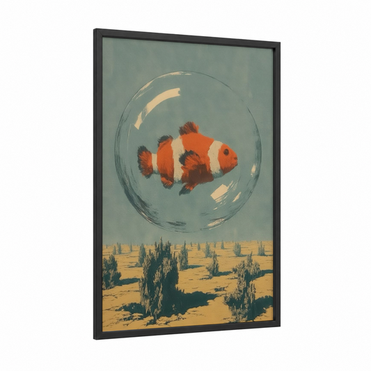 Desert Clownfish framed clown fish print — black wood frame — sage green and gold palette