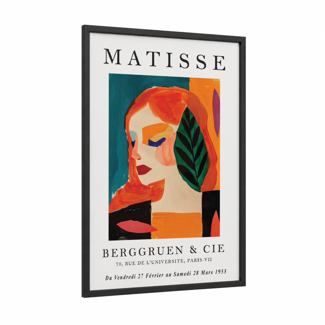 Matisse Portrait Illustration framed fashion illustration print — black wood frame — red and orange palette