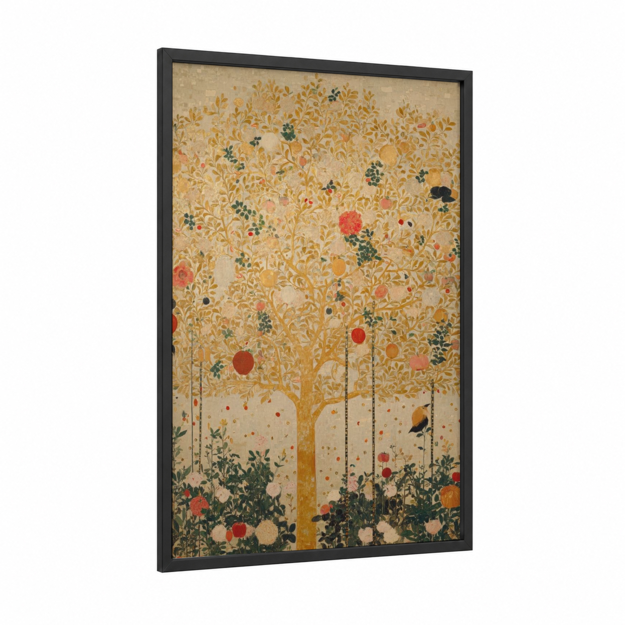 Golden Orchard Tree framed christian symbols print — black wood frame — gold and dark green palette