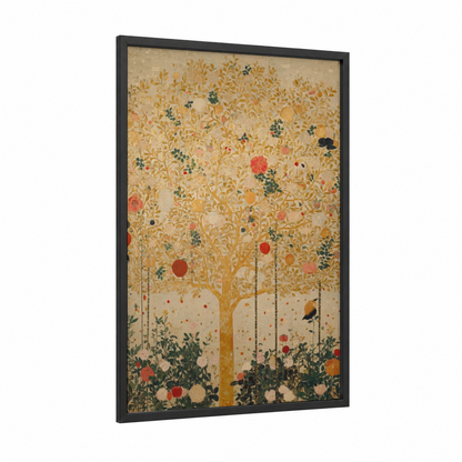 Golden Orchard Tree framed christian symbols print — black wood frame — gold and dark green palette