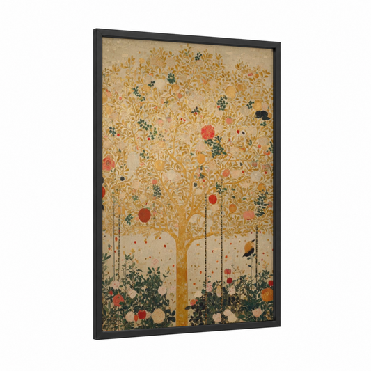 Golden Orchard Tree framed christian symbols print — black wood frame — gold and dark green palette