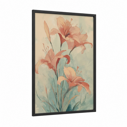 Coral Lily Bloom framed art print — black wood frame — peach and sage green palette