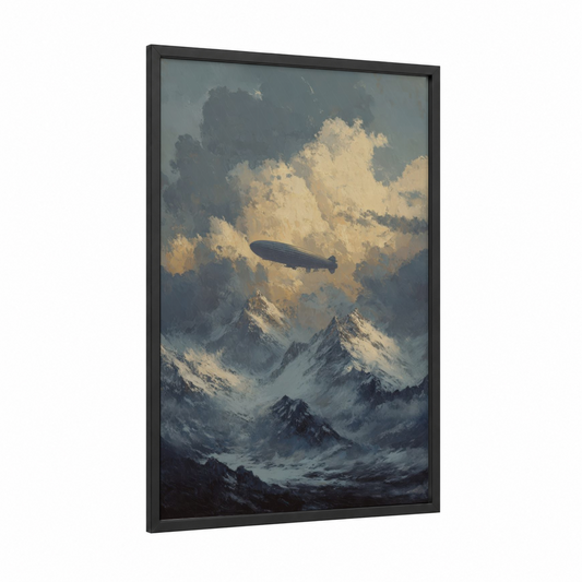 Skyship Mountains framed airship print — black wood frame — gold and blue and gray palette