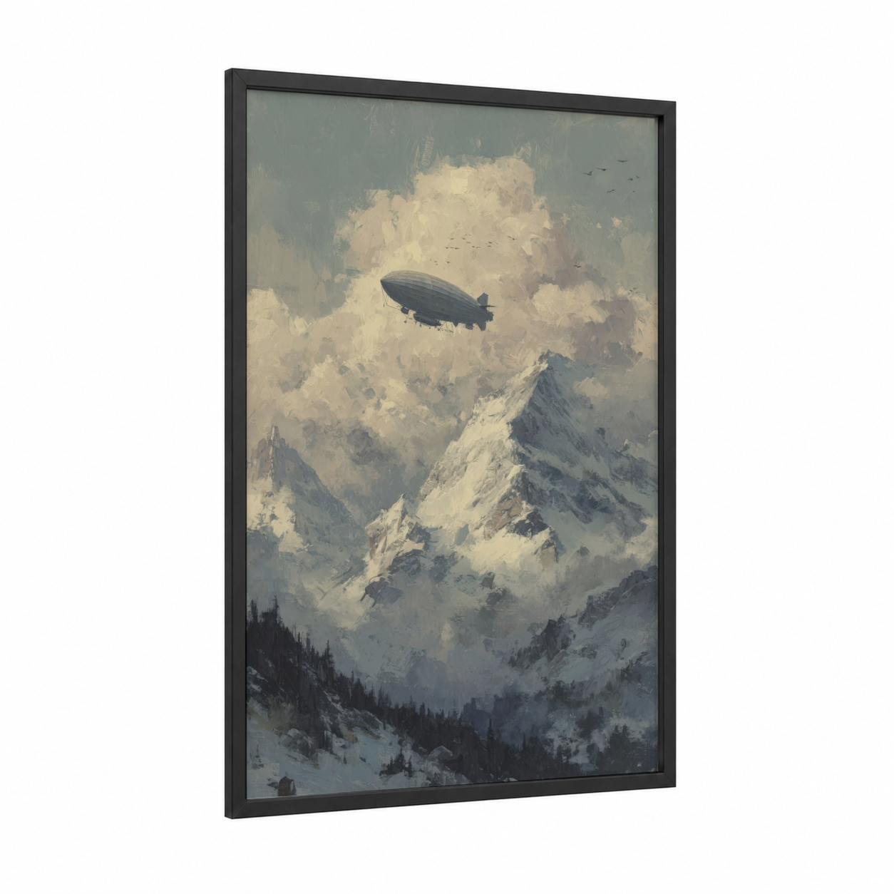 Alpine Airship framed art print — black wood frame — gray and white palette