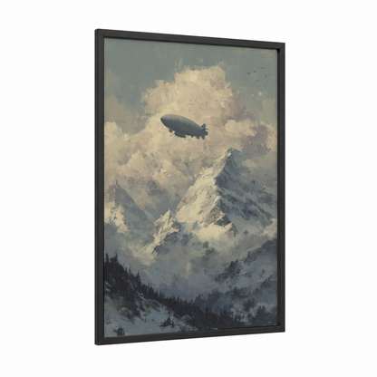 Alpine Airship framed art print — black wood frame — gray and white palette