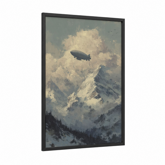 Alpine Airship framed art print — black wood frame — gray and white palette