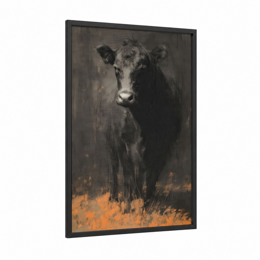 Moody Angus framed angus cow print — black wood frame — black and gold and espresso palette