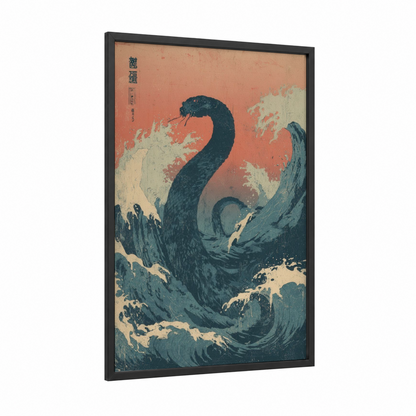 Serpent Wave framed eels print — black wood frame — dark blue and peach palette