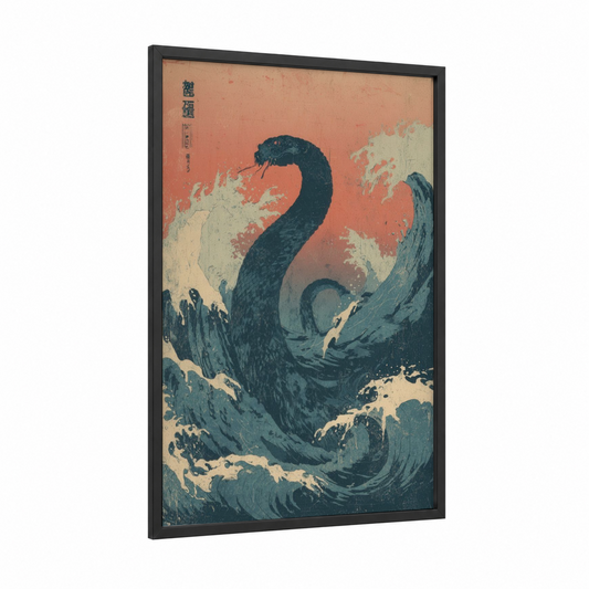 Serpent Wave framed eels print — black wood frame — dark blue and peach palette