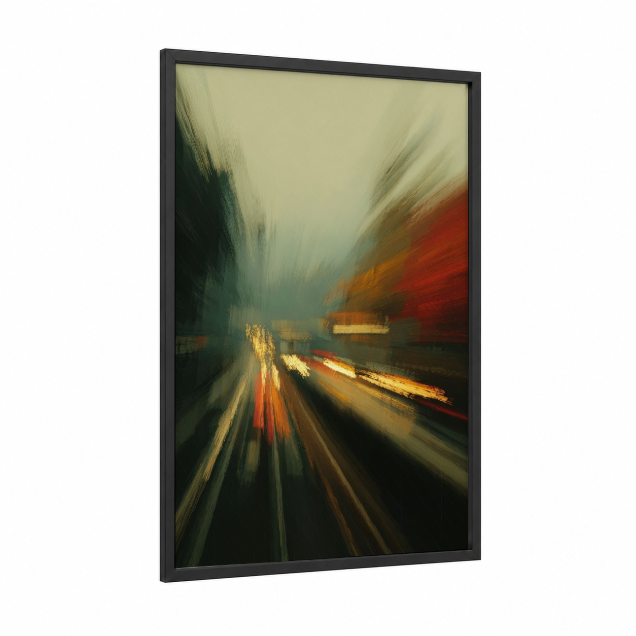 Urban Motion Blur framed road and highways print — black wood frame — red and gold palette