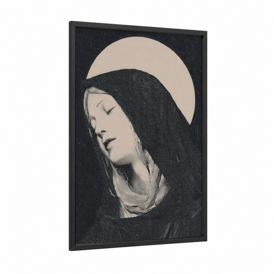 Serene Madonna framed virgin mary print — black wood frame — black and white and cream palette